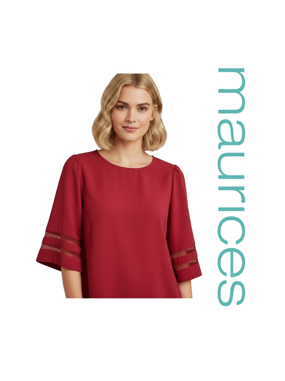 Maurices Red Blouse with Mesh Trim Sleeve